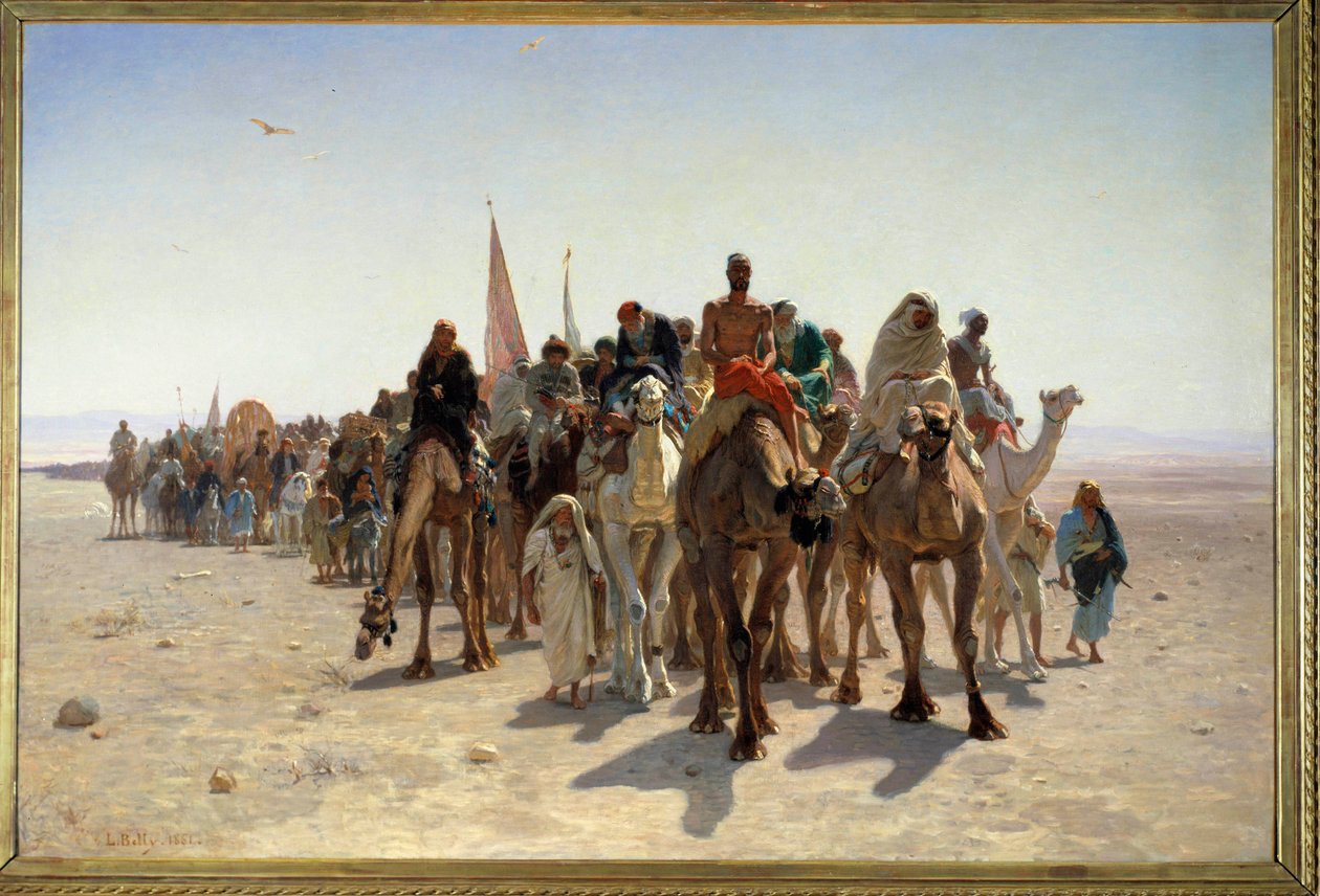 Pelerinek Mecca Carvane-ba utazók tevéken a sivatagban. Leon Auguste Adolphe Belly (1827-1877) festménye 1861 V. 1,6x2,4 m Párizs, Muse d