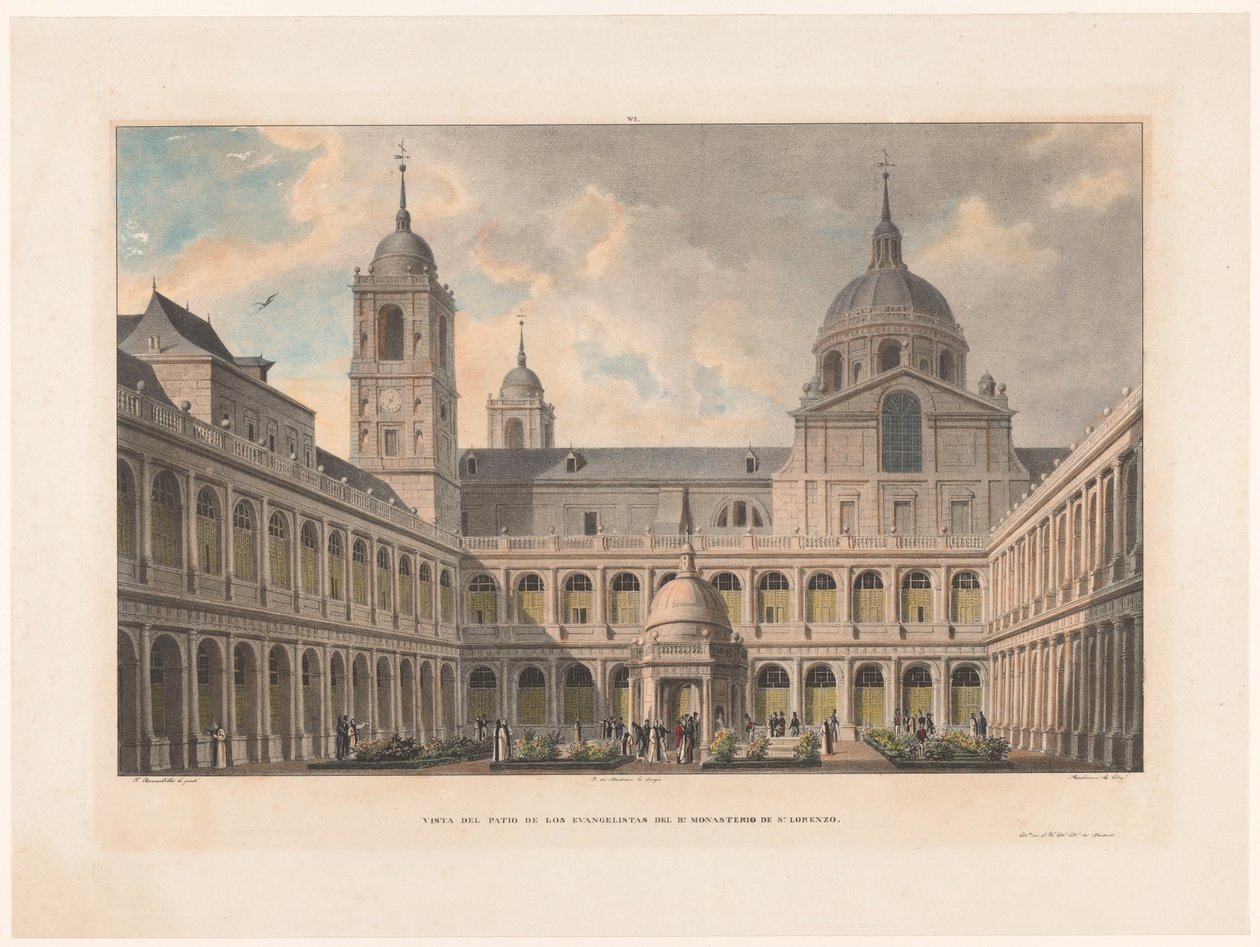Zicht op de San Lorenzo de El Escorial evangélisták udvara van het kolostor Kilátás az R. S. Lorenzo kolostor evangélistáinak udvarára (cím a tárgyon) alkotó: Leon Auguste Asselineau