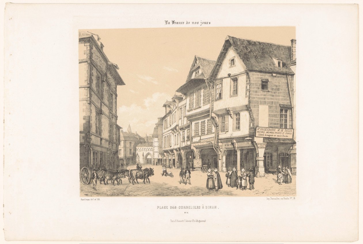 Kilátás a Place des Cordeliers-re Dinanban Place des Cordeliers à Dinan (cím a tárgyon) Kortárs Franciaország (sorozat címe) La France de nos jours (sorozat címe a tárgyon) alkotó: Leon Auguste Asselineau