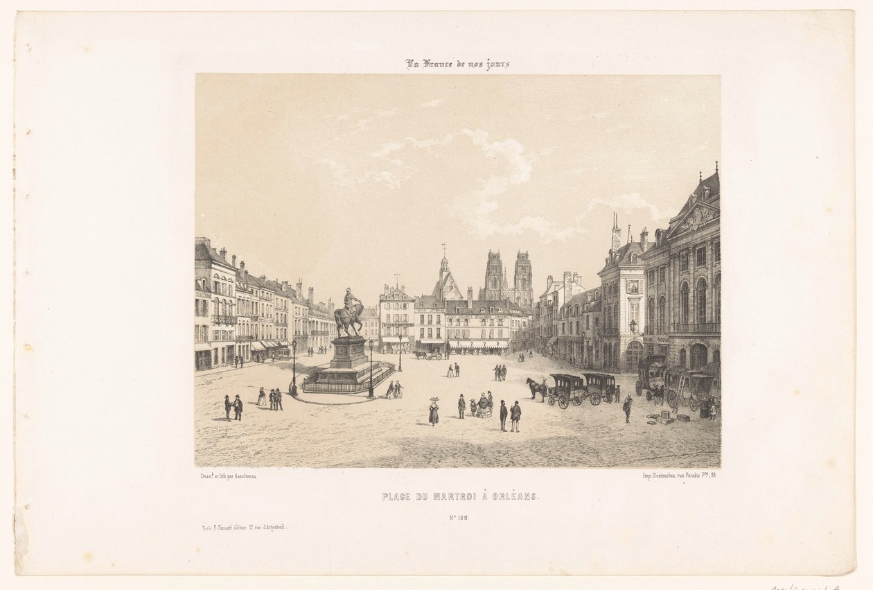 Kilátás az Orléans-i Place du Martroi-ra Place du Martroi à Orleans (cím a tárgyon) Kortárs Franciaország (sorozat címe) La France de nos jours (sorozat címe a tárgyon) alkotó: Leon Auguste Asselineau