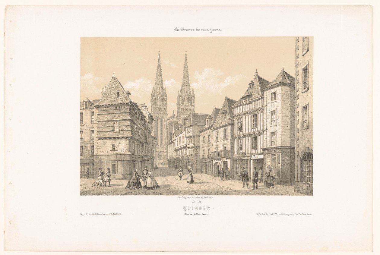 Kilátás a Rue Kéréonra és a Quimper-i katedrálisra Quimper. Vue de la rue Kerion (cím a tárgyon) Kortárs Franciaország (sorozat címe) La France de nos jours (sorozat címe a tárgyon) alkotó: Leon Auguste Asselineau
