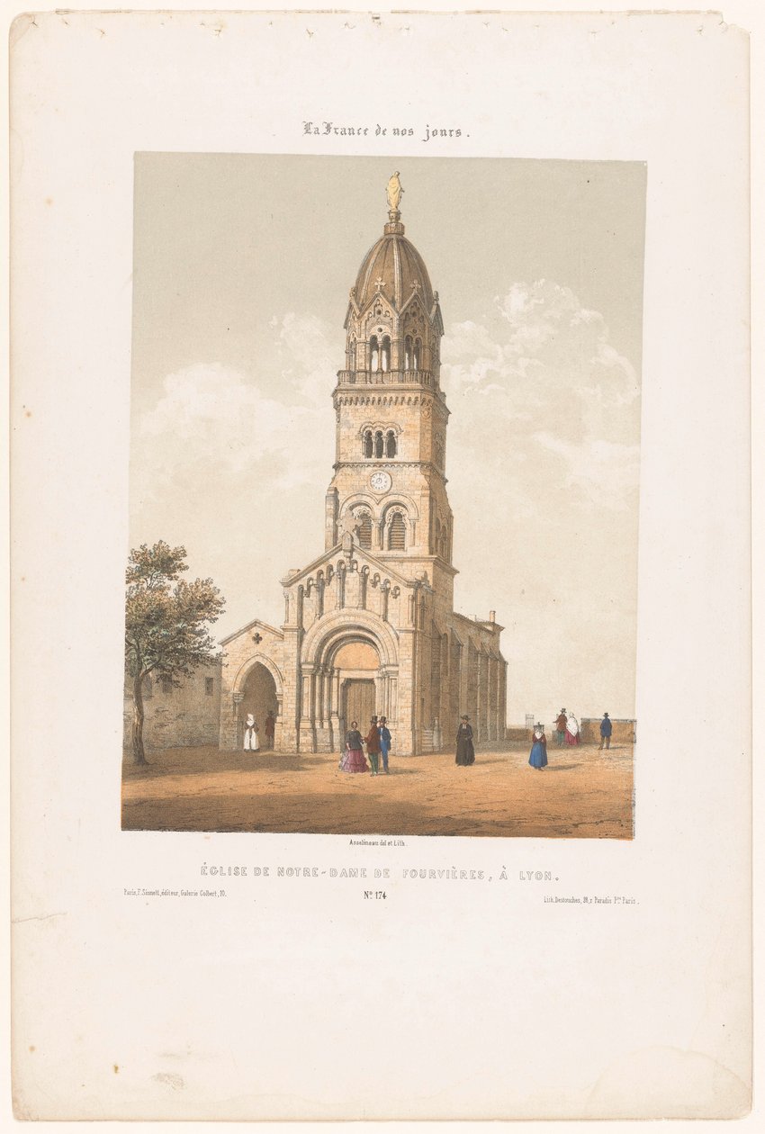 Zicht op de Basilica Notre-Dame de Fourvière Lyonban Notre-Dame de Fourvières templom Lyonban (cím a tárgyon) Hedendaags Frankrijk (sorozat címe) Franciaország manapság (sorozat címe a tárgyon) alkotó: Leon Auguste Asselineau