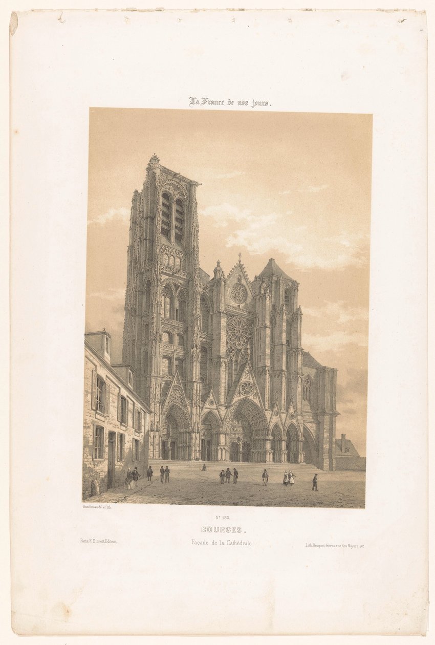 Kilátás a bourges-i székesegyház homlokzatára Bourges. Façade de la cathédrale (cím a tárgyon) Kortárs Franciaország (sorozat címe) La France de nos jours (sorozat címe a tárgyon) alkotó: Leon Auguste Asselineau