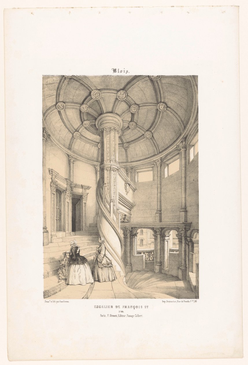 Kilátás I. Ferenc király csigalépcsőjére Blois kastélyában Blois. Escalier de François Ier (cím a tárgyon) Kortárs Franciaország (sorozat címe) La France de nos jours (sorozat címe) alkotó: Leon Auguste Asselineau
