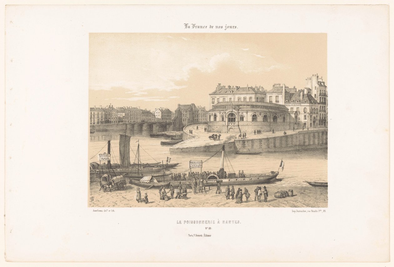 Kilátás a nantes-i halászcsarnokra a mólóról La poissonnerie à Nantes (cím a tárgyon) Kortárs Franciaország (sorozat címe) La France de nos jours (sorozat címe a tárgyon) alkotó: Leon Auguste Asselineau
