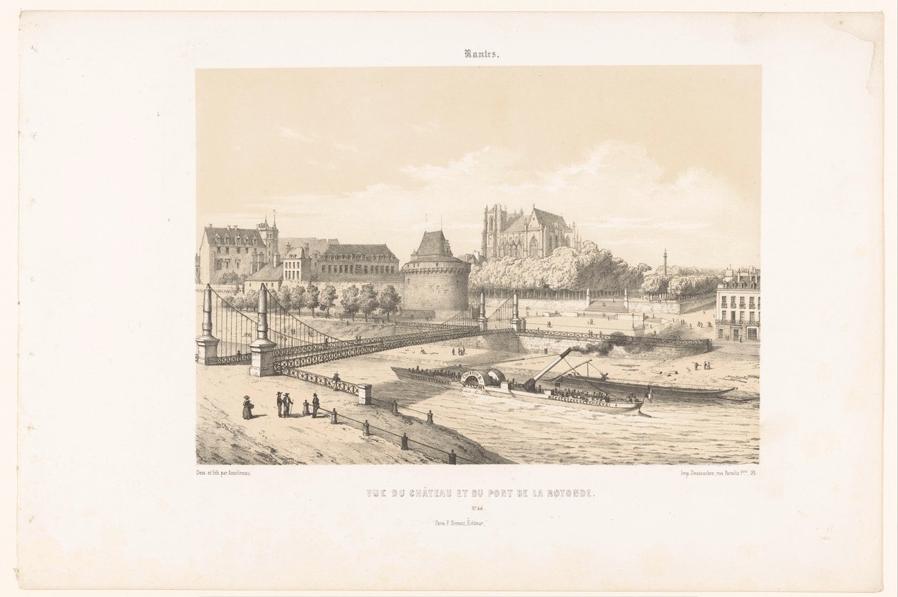 Kilátás a kastélyra és a Pont de la Rotonde-ra a Loire felett, Nantes-ban Nantes. Vue du chateau et du pont de la Rotonde (cím a tárgyon) Kortárs Franciaország (sorozat címe) La France de nos jours (sorozat címe) alkotó: Leon Auguste Asselineau