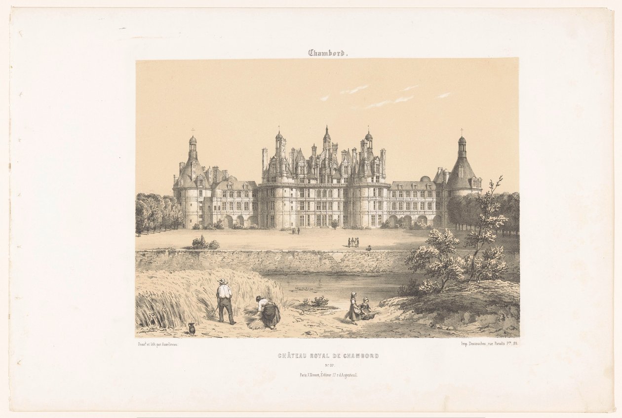 Kilátás a Château de Chambord-ra a Loire-parton Chambord. Château Royal de Chambord (cím a tárgyon) Kortárs Franciaország (sorozat címe) La France de nos jours (sorozat címe) alkotó: Leon Auguste Asselineau