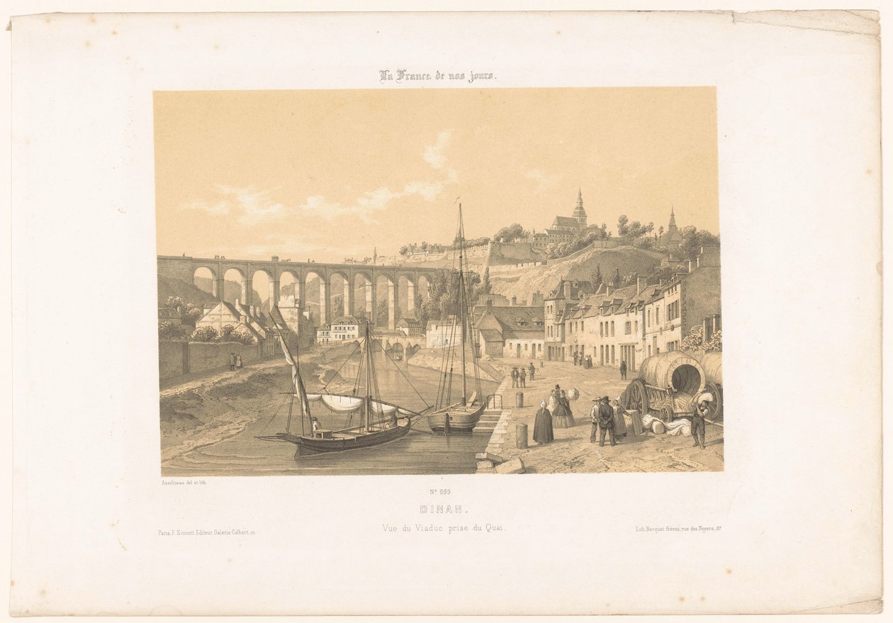Kilátás a Dinan viaduktra a rakpartról Dinan. Vue du viaduc prize du quai (cím a tárgyon) Kortárs Franciaország (sorozat címe) La France de nos jours (sorozat címe a tárgyon) alkotó: Leon Auguste Asselineau