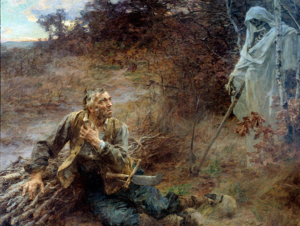 A Halál és a faember Illusztráció Jean de La Fontaine (1621-1695) meséjéhez Leon Augustin Lhermitte (1844-1925) festménye, 1893, 2,06 x 2,42 m Chateau Thierry, La Fontaine múzeum – A halál és a favágó. Illusztráció Jean de La meséjéhez alkotó: Leon Augustin Lhermitte