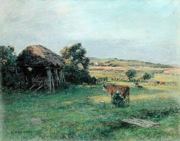 Táj egy tehenet fejő parasztasszonnyal, 1880-as évek közepe (olaj, vászon) alkotó: Leon Augustin Lhermitte
