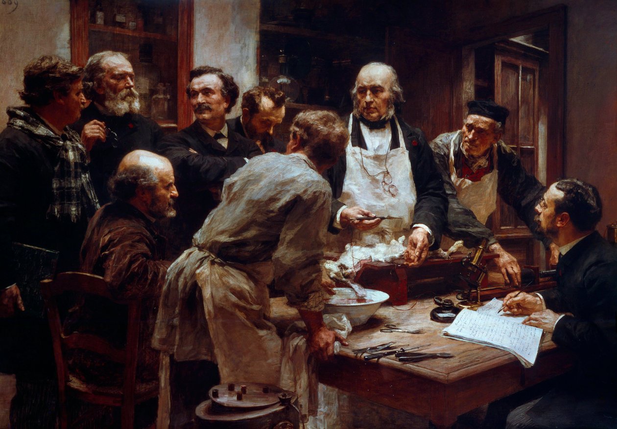 Claude Bernard (1813-1878) orvos boncolási tanfolyama (köténnyel) tanítványai jelenlétében Paul Bert (1833-1886) és Arsonval Arséne (1851-1940) Leon Augustin Lhermitte (1844-1925) festménye 19. századi Párizs, Tudományos Akadémia alkotó: Leon Augustin Lhermitte