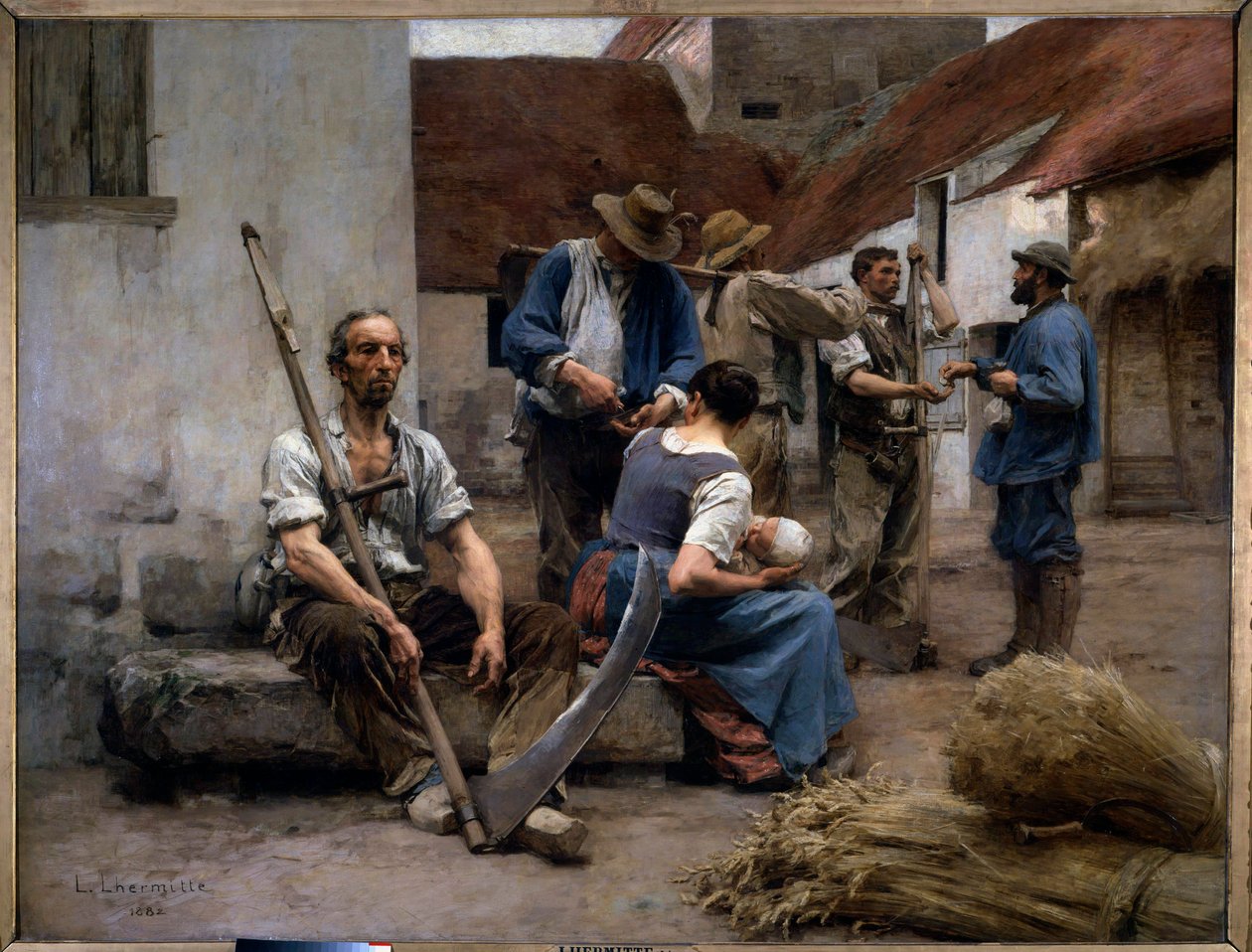 Paraszt aratógépek bértáblája egy tanya udvarán, egyikük hamisítványt tart. Leon Augustin Lhermitte (1844-1925) festménye 1882 V. 2,15x2,72 m Párizs, Muse d