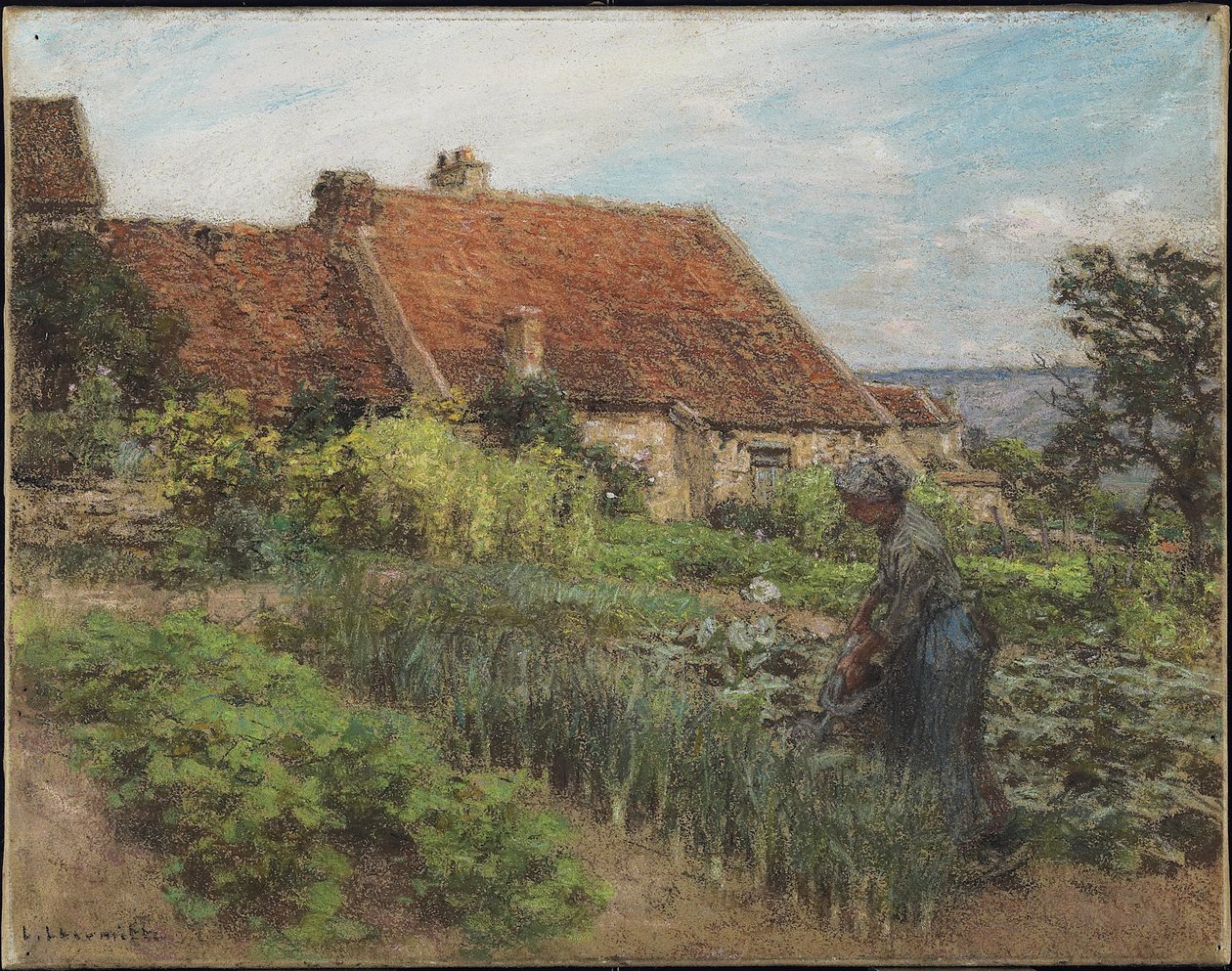 A kert öntözése, 1900 (pasztell, szőtt papíron, vászonra rögzítve) alkotó: Leon Augustin Lhermitte