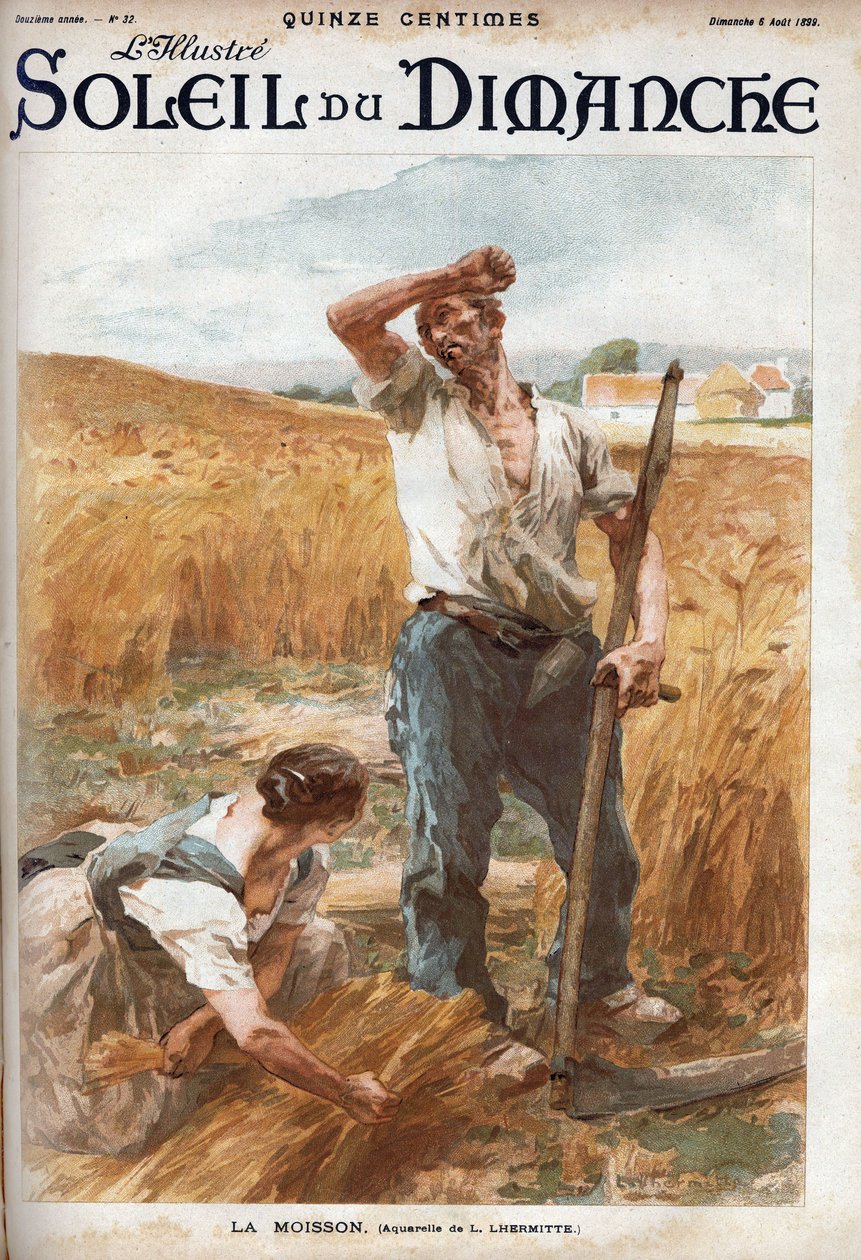 aratás. Parasztok kaszálják a búzát a mezőn. (L. Lhermitte akvarellje alapján) Metszet „” Le sun-du-dimanche”-ban, augusztus 6. alkotó: Leon Augustin Lhermitte