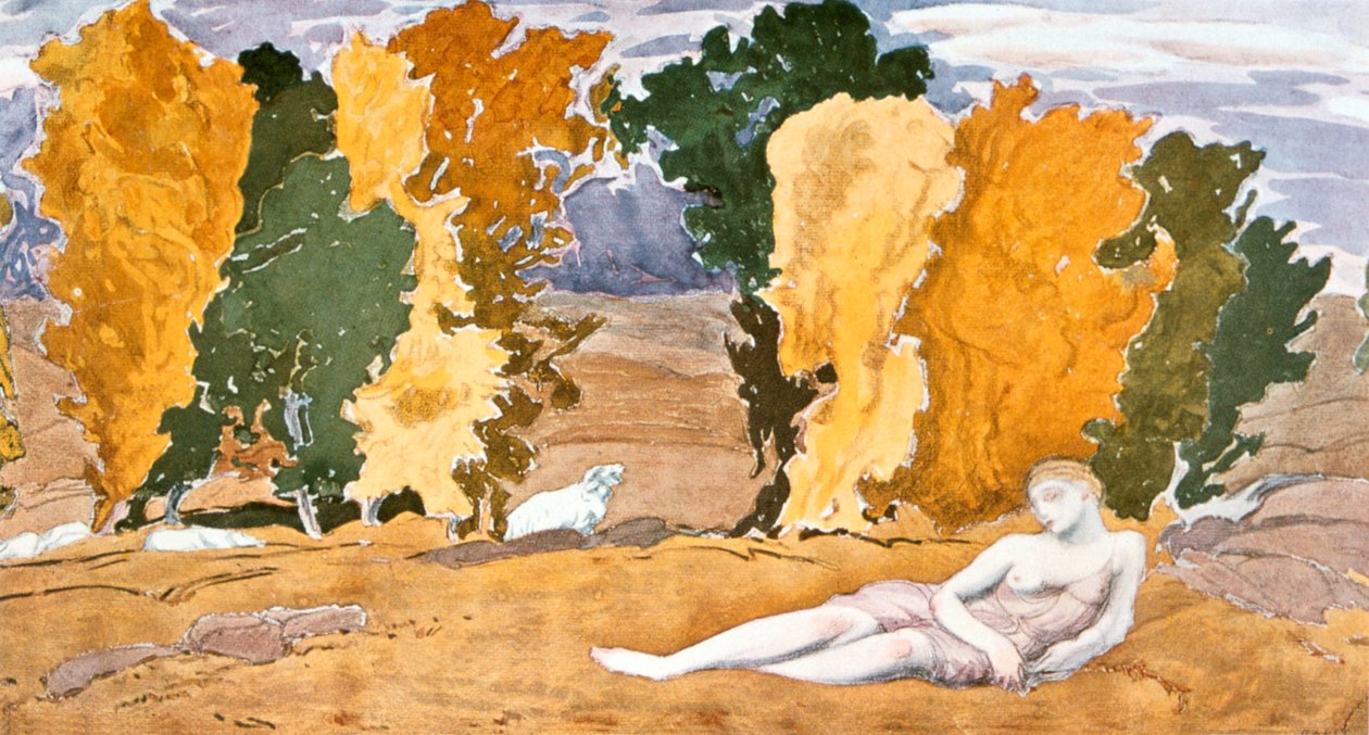 Chloe Abandoned, a Ballet Russes Ravels Daphnis és Chloe produkciójának terve, 1910-1911 alkotó: Leon Bakst