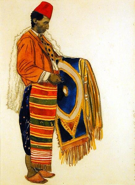 A „Le Marchand de Tapis, Rue a Belleville” jelmeztervezés (akvarell és ceruza papíron) alkotó: Leon Bakst