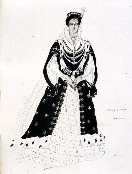 Jelmezterve Marina számára a Borisz Godunovban, Modeszt Petrovics Muszorgszkij (1835-81) (akvarell papíron) alkotó: Leon Bakst