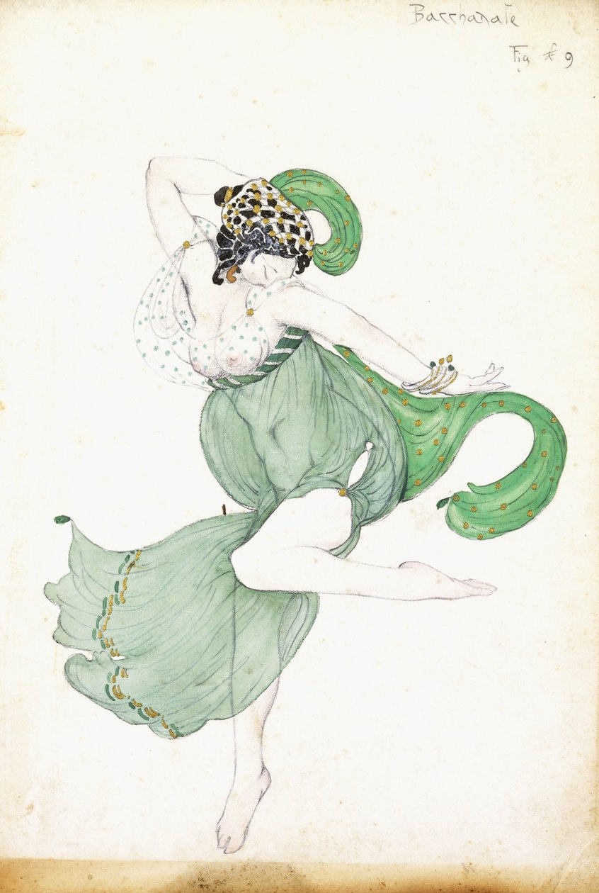 A "Bacchanale" jelmeztervezés, szólista balerina, alkotó: Leon Bakst