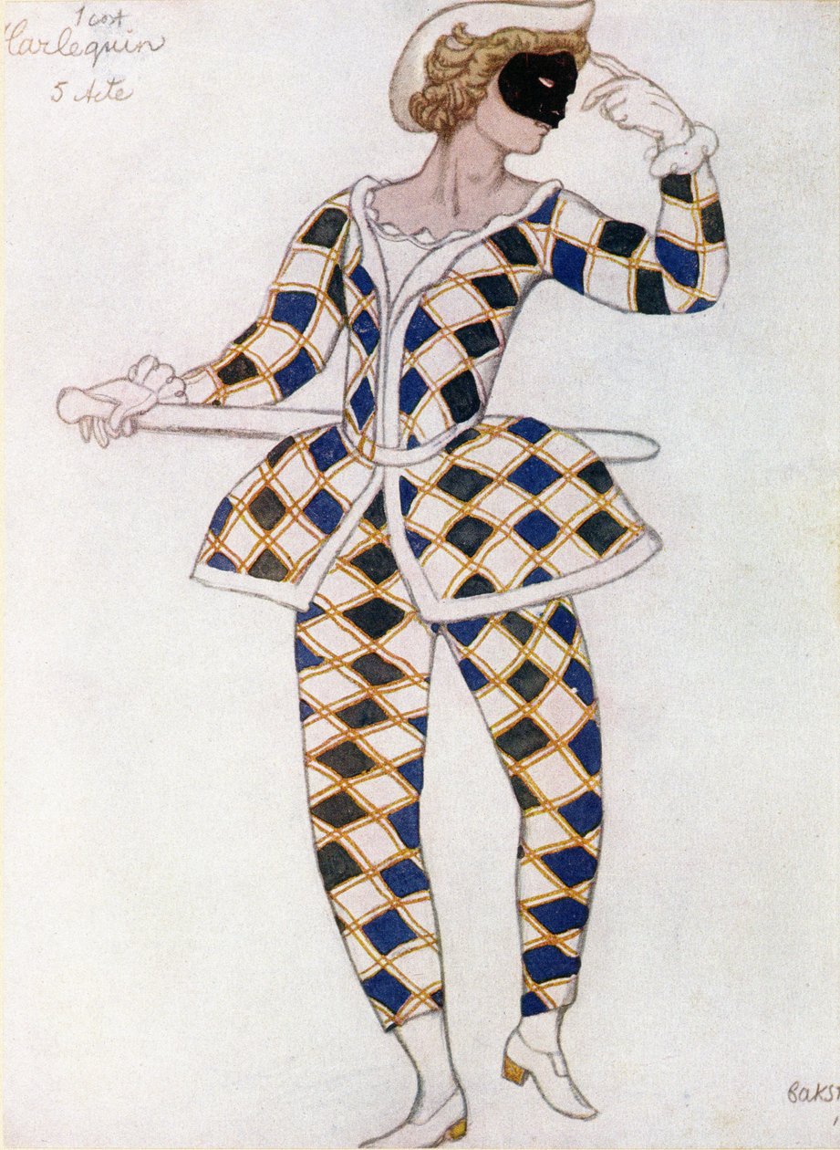 Jelmezterv Harlekinhez, a Csipkerózsika című filmből, 1921 alkotó: Leon Bakst