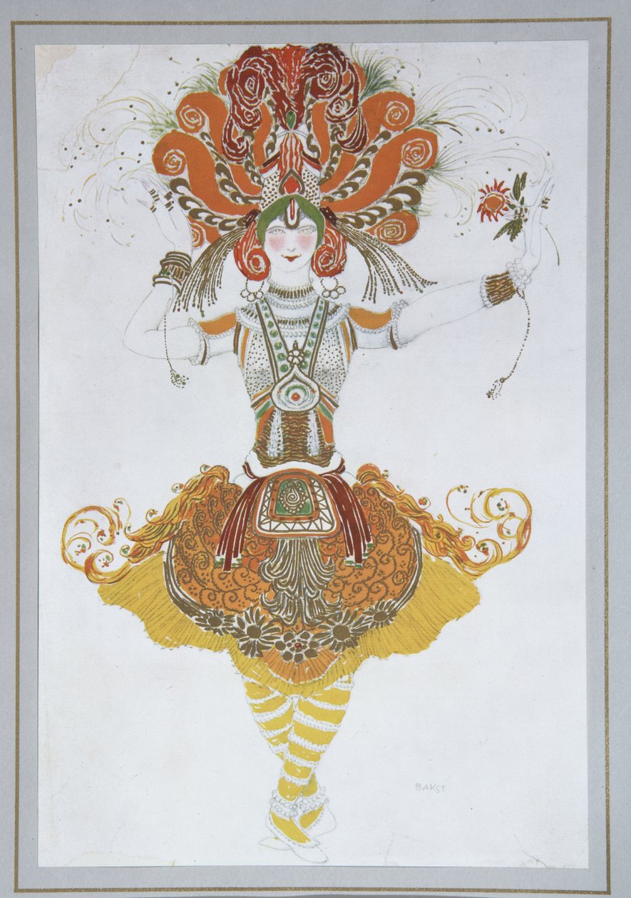 Jelmezterv Tamara Karsavina számára I. Stravinsky: A tűzmadár Loiseau de feu című balettjében, 1909-1910 alkotó: Leon Bakst