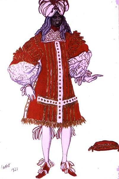 Jelmeztervezés a herceg egyik szolgájának, a Csipkerózsika-tól alkotó: Leon Bakst