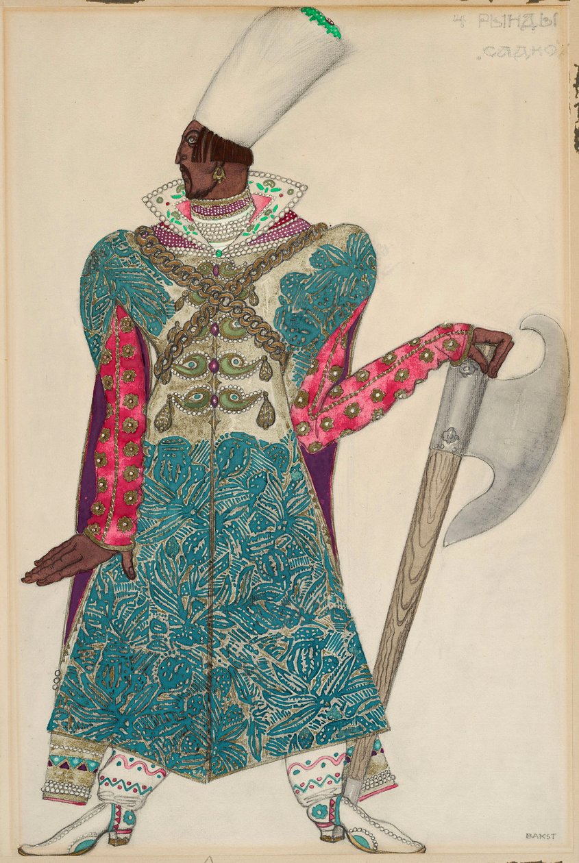 Jelmez a "Sadko" című operához, amelyet Nicolas (Nikolaj) Rimski Korszakov (Rimszki-Korszakov) (1844-1908) rendezett. Leon Bakst életműve (1866-1924) alkotó: Leon Bakst