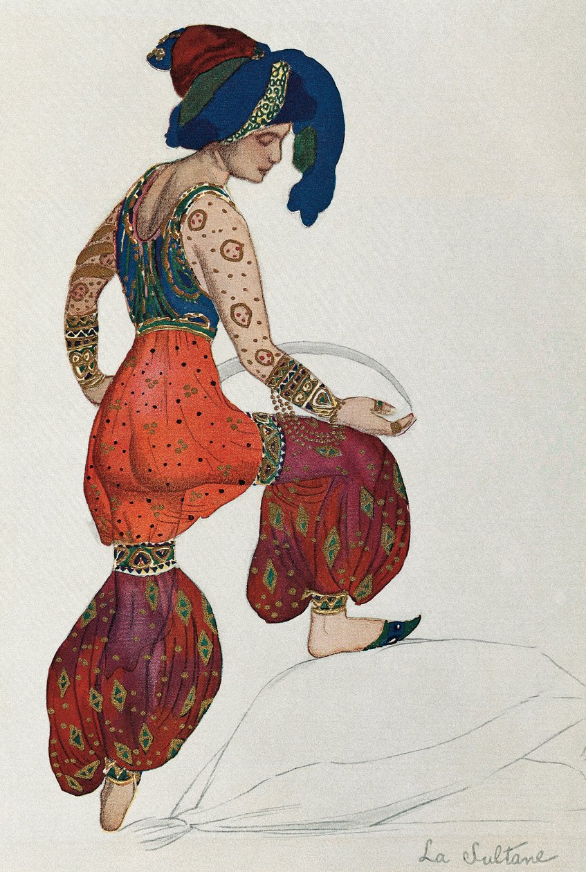 Vaszlav Nyizsinszkij vagy Nyizsinszkij (1889-1950) jelmeze a „Seherezade” 1910 című balett szultánjának karakterére (akvarell papíron) alkotó: Leon Bakst