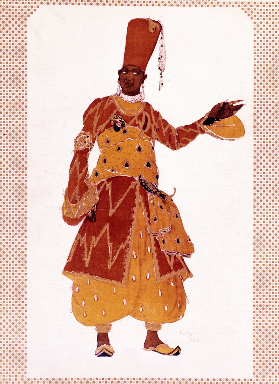 A nagy eunuch jelmeze, Lev Szamoilovics Rosenberg Leon Bakst (1866-1924) című rajzai a Nyikolaj Andrejevics Rimszkij-Korszakov (Rimszkij Korszakov vagy Rimszkij Korszakov) „Seherezádé” (vagy Seherezádé) című baletthez alkotó: Leon Bakst
