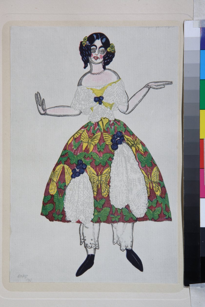 Jelmez Gioachino Rossini La boutique fantasque című balettjéhez - Leon Bakst (1866-1924) munkája, litográfia 1919 - (Gioachino Rossini "The Magic Toy Shop" című balett jelmezterve, Leon Bakst, színes litográfia alkotó: Leon Bakst