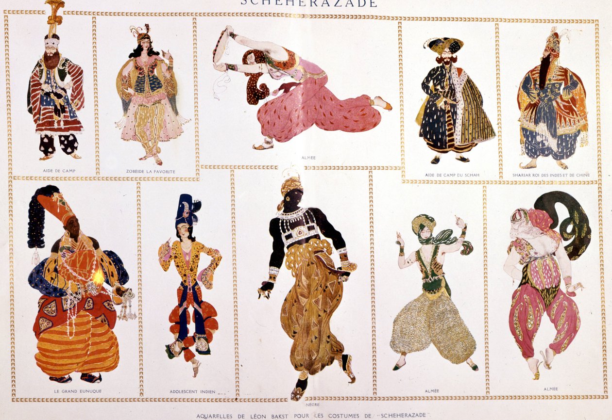 A "" Sacheherazade "" (Seherazade) jelmezei. B. Nicholas (Nikolaj) Rimsky Kroskov (Rimszkij-Kroszkov) (1844-1906), rendezte: B. Leo box. alkotó: Leon Bakst