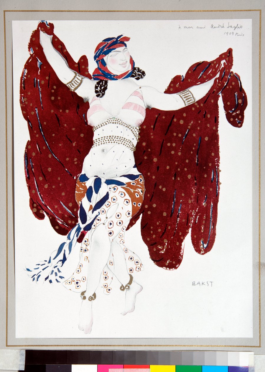 ""Táncos"" Jelmez, amelyet Leon Bakst (1866-1924) tervezett a Ballets Russes ""Cleopatre"" című balettjéhez alkotó: Leon Bakst