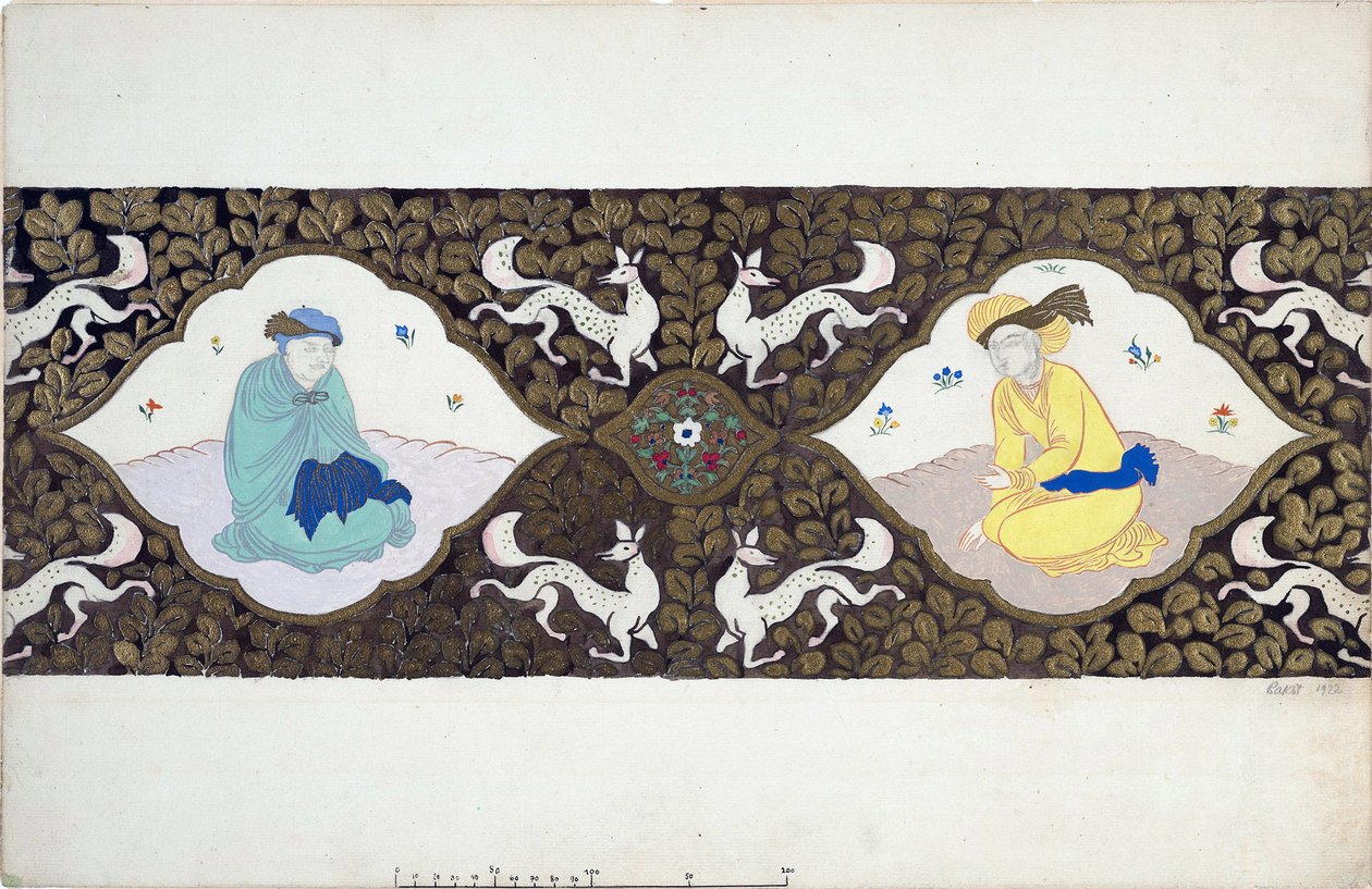 Bohuslav Martinu (1890-1959) "Ishtar"" című balettjének előkészítő dekorációja. (B. Martinu Istar című balettjének színpadterve). Két karakter keleties ruhában, levelek és állatok dekorációjában. Leon Bakst (1866-1924) munkája, akvarell ill alkotó: Leon Bakst