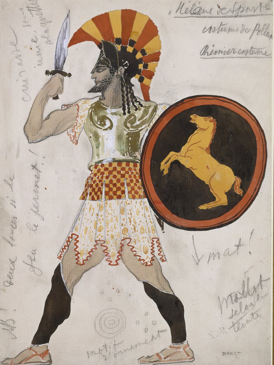 Tervezés Pollux jelmezéhez "Hélène de Sparte" színben (grafit és akvarell aranyfestékkel törtfehér papírra) alkotó: Leon Bakst