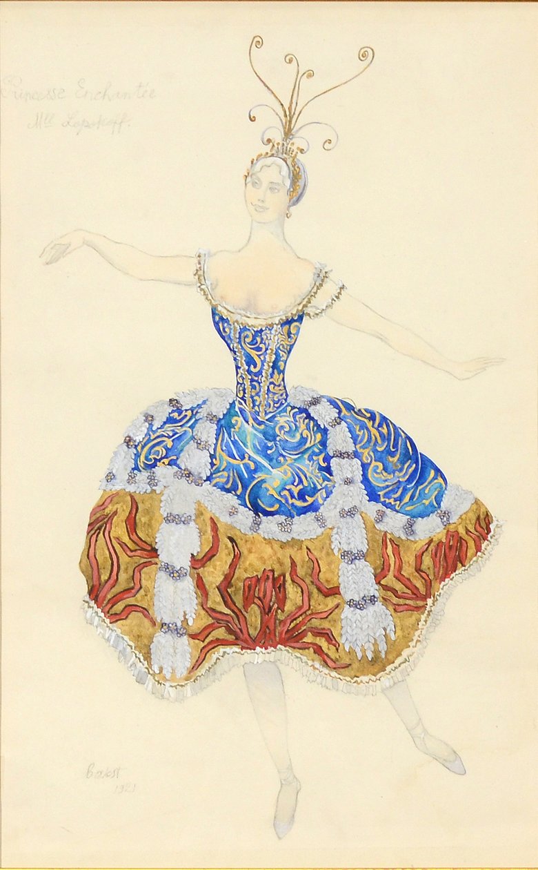 Az elvarázsolt hercegnő. Jelmezterv az 1921-es Az alvó hercegnő című baletthez alkotó: Leon Bakst
