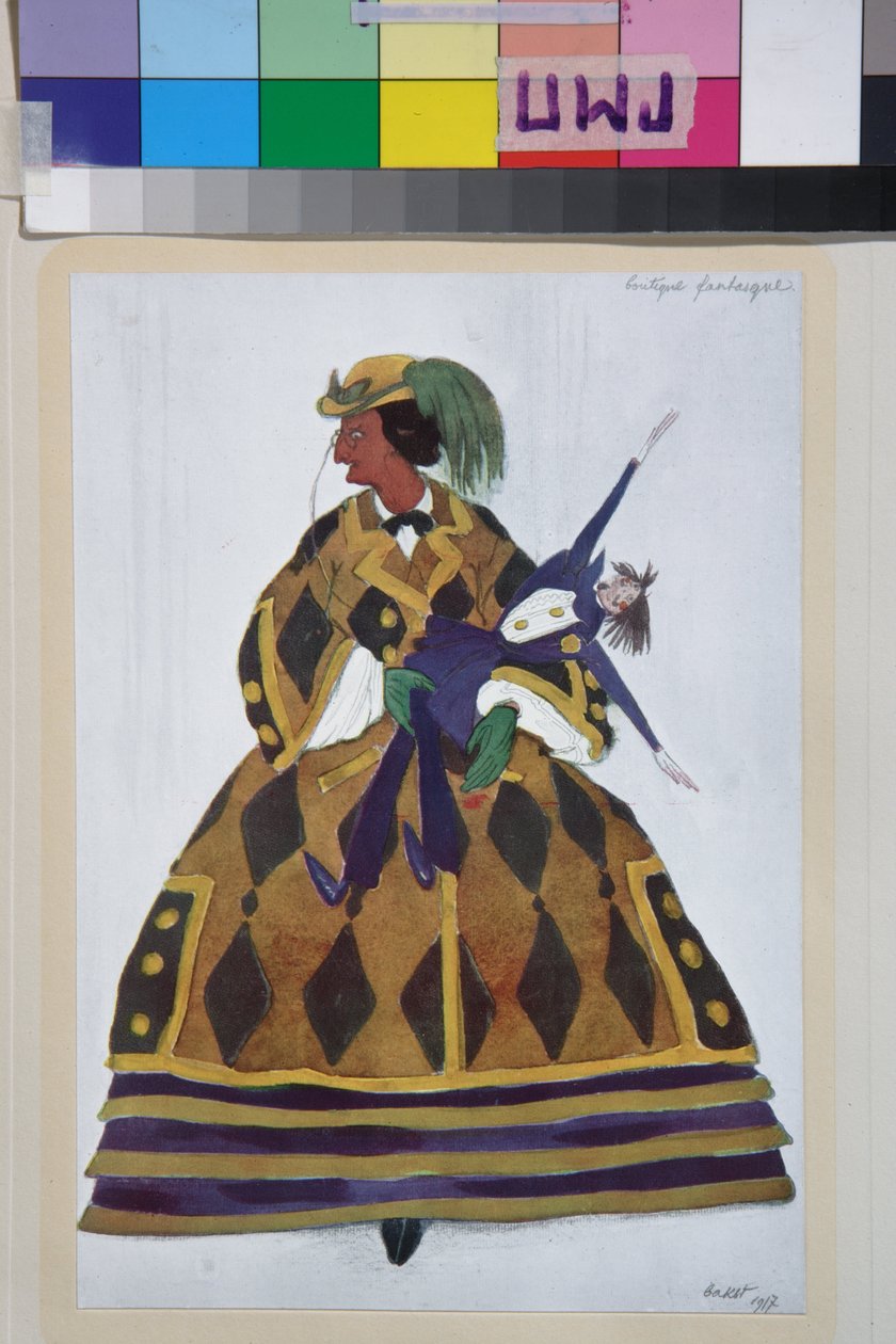 Az angol nő, Gioachino Rossini balett la boutique fantasque jelmeze - Leon Bakst (1866-1924) munkája, litográfia 1919 - (Gioachino Rossini "The Magic Toy Shop" című balettjének jelmezterve, Leon Bakst, színes litográfia alkotó: Leon Bakst