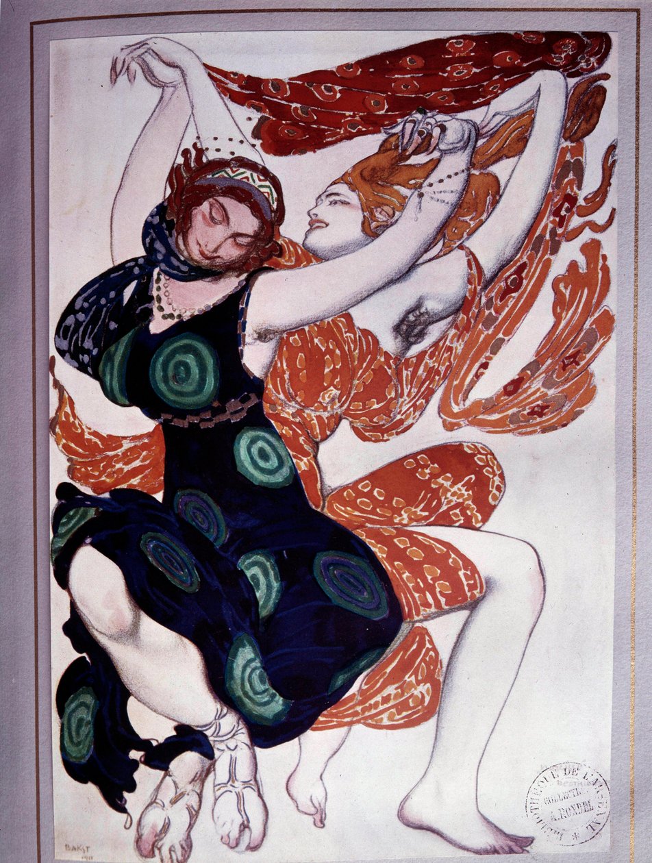 Les bacchantes koreográfiája Vaslav Nijinski (1889-1950) „A faun délutánja”-ból, Claude Debussy (1862-1918) „Egy faun délutánjának előjátéka” után alkotó: Leon Bakst