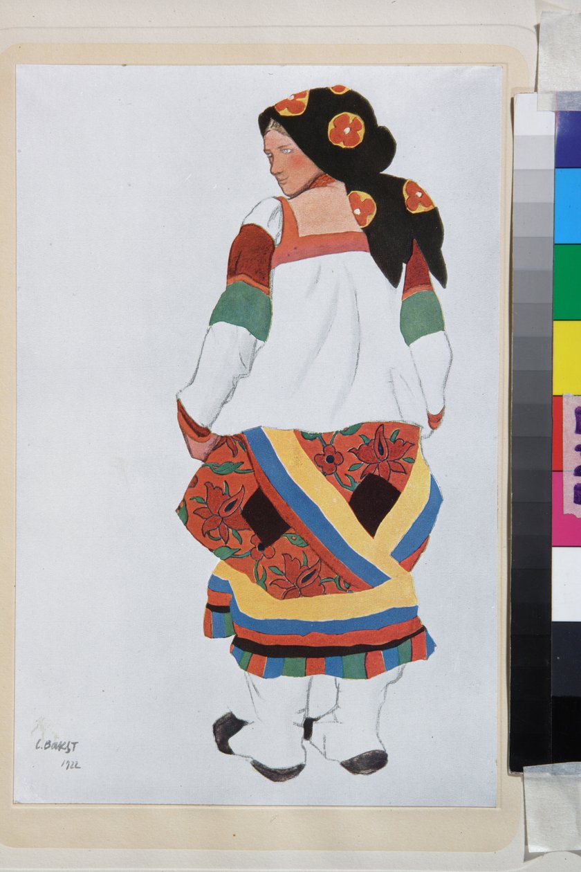 Parasztasszony, jelmezterve a Vaudeville Old Moszkvába, a Femina Színházban, Párizs (Franciaország) - Leon Bakst (1866-1924) munkája, litográfia 1922 - (Parasztasszony, Jelmezterve a Vaudeville Old Moszkvához, a Theater Femina Párizsban, Leon Bakst (1866-1 alkotó: Leon Bakst