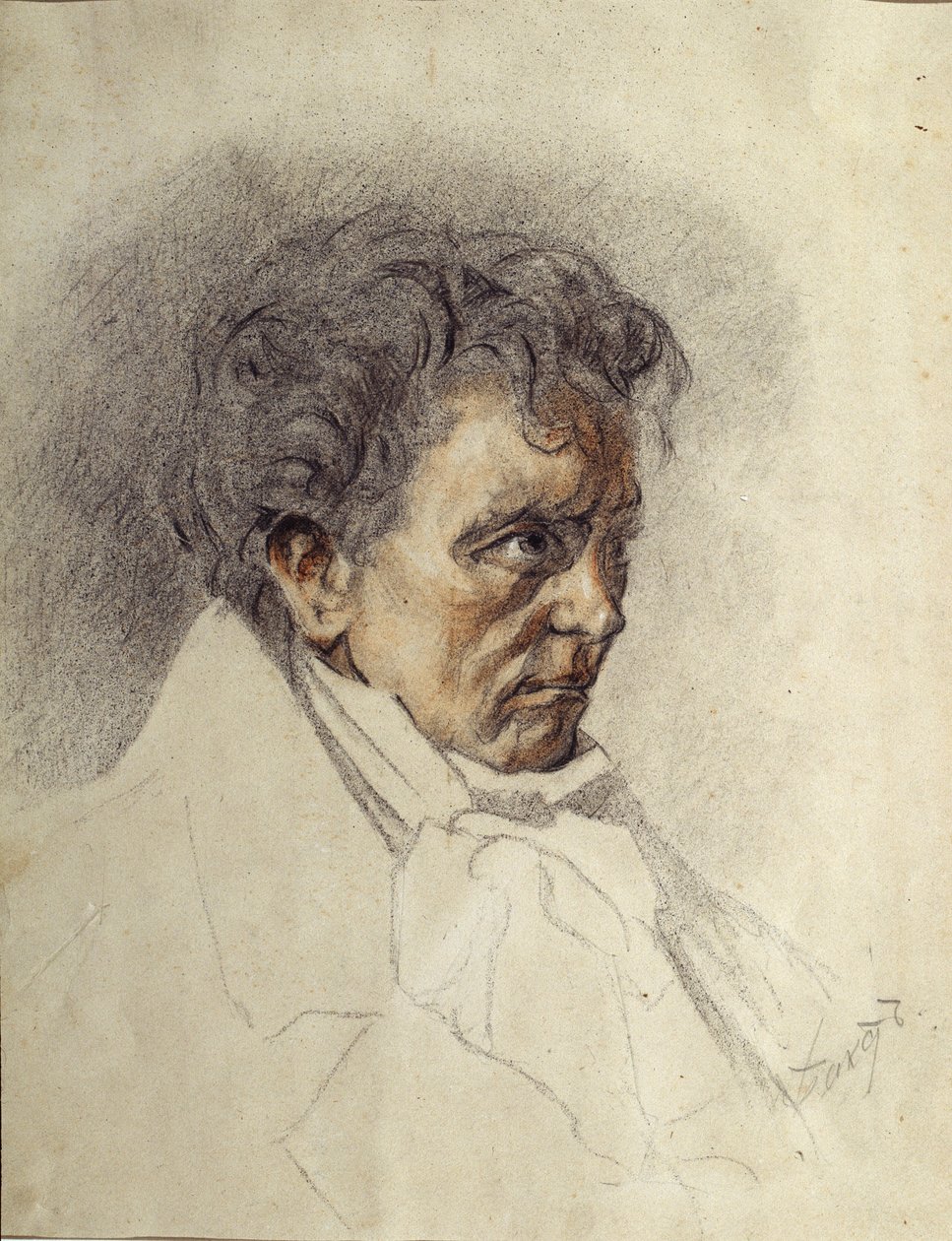 Ludwig van Beethoven (1770-1827) portréja (Ludwig van Beethoven). Leon Bakst (1866-1924) festménye. Akvarell és pasztell papíron, 29,5 x 23,5 cm. Orosz művészet, 19. század vége, 20. század eleje. A Kirgiz Köztársaság Állami Művészeti Múzeuma, Bishkek (Kir alkotó: Leon Bakst