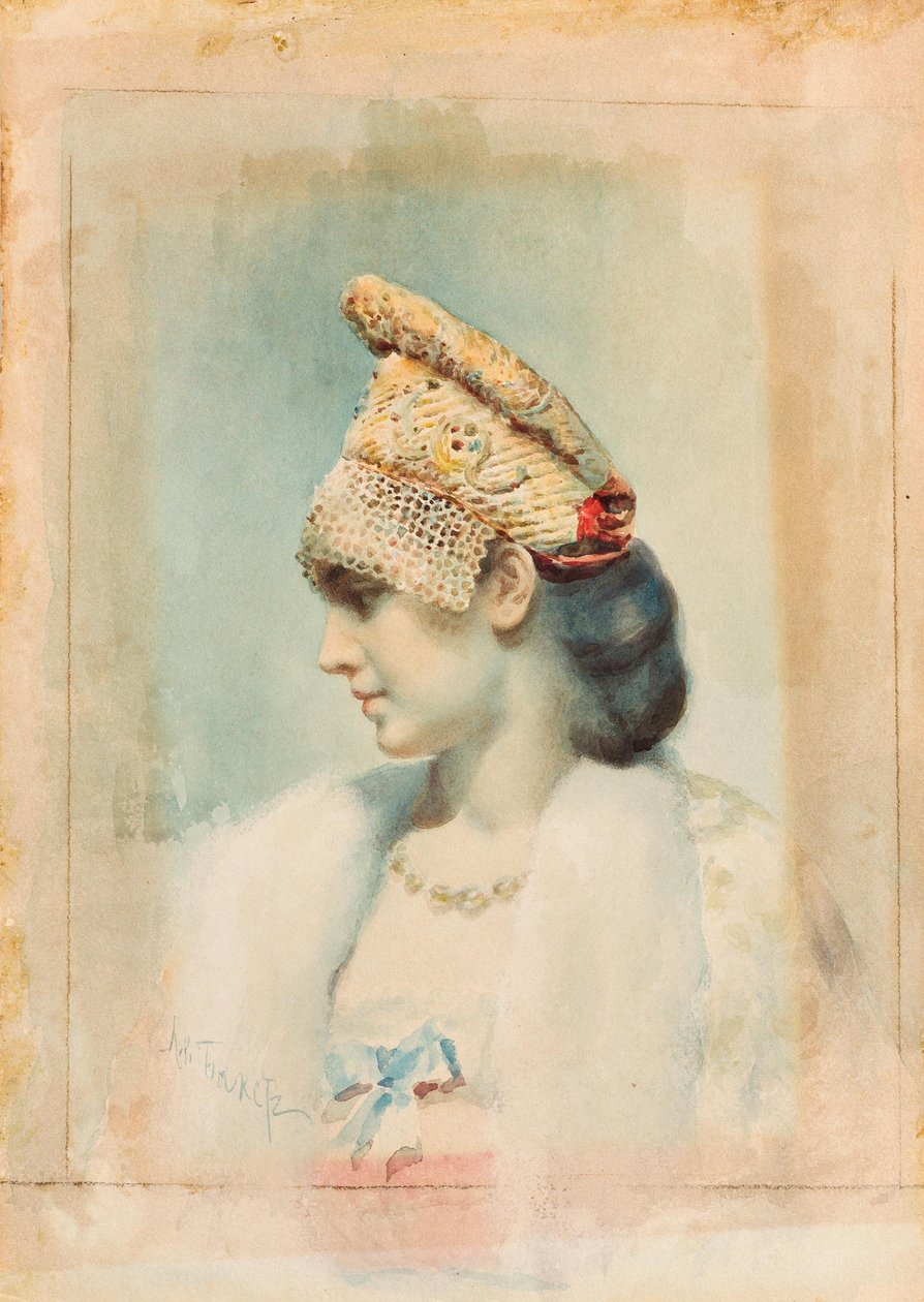 Kokoshnikot viselő lány portréja, 1890 alkotó: Leon Bakst