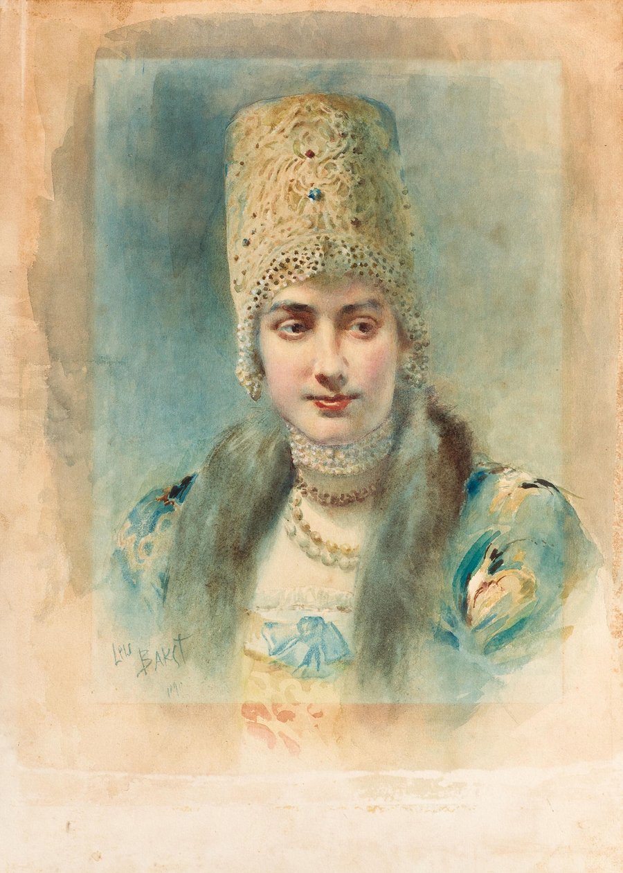 Kokoshnikot viselő lány portréja, 1890 alkotó: Leon Bakst