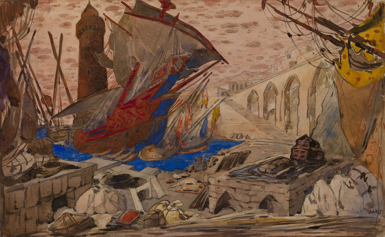 Gabriele dAnnunzio La Pisanelle vagy Parfümös halál díszletterve, 1913 alkotó: Leon Bakst