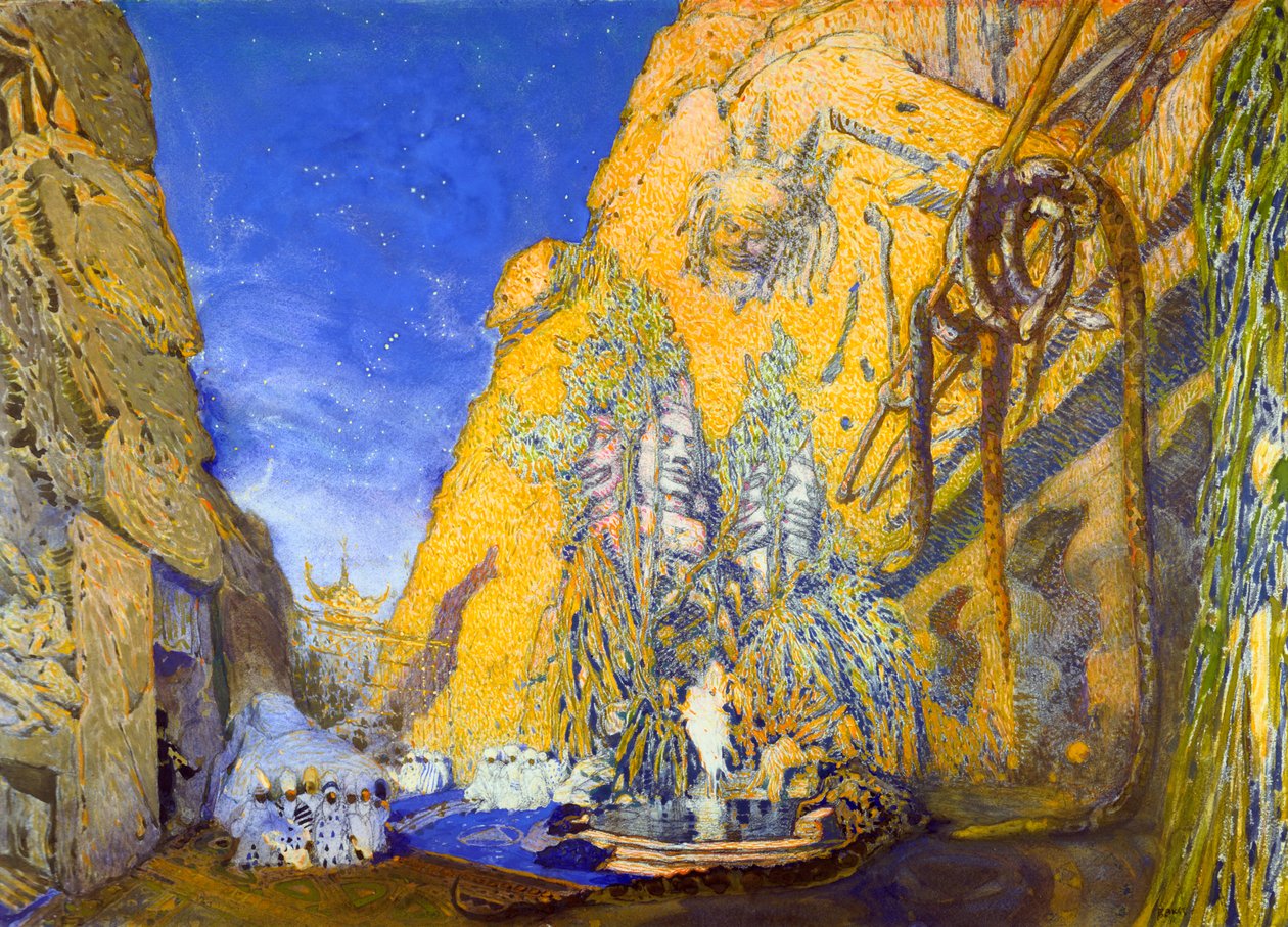 Díszlet a Ballets Russes Le Dieu Bleu The Blue God című produkciójához, 1911 alkotó: Leon Bakst