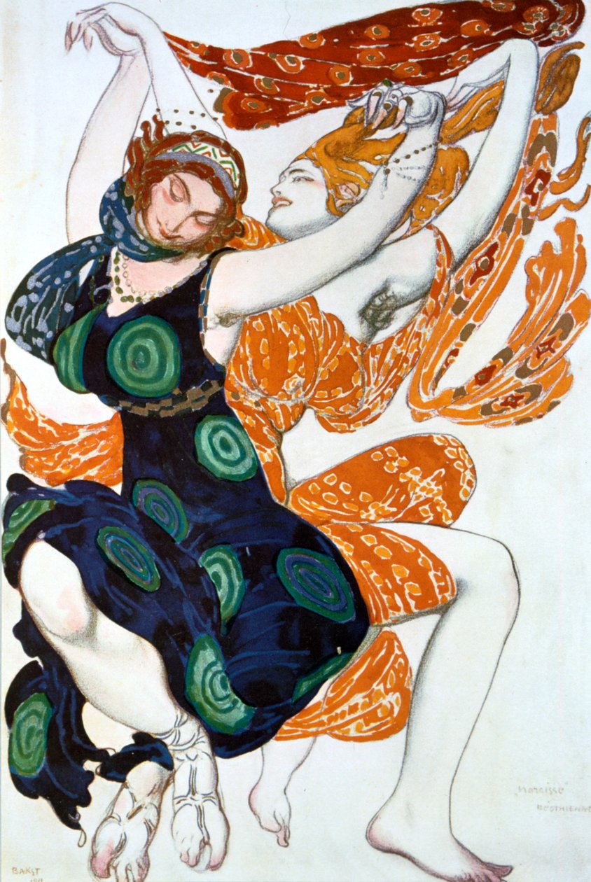 Két Bacchantes, jelmezterve a Ballets Russes Tcherepnins Narcisse című produkciójához, 1911 alkotó: Leon Bakst