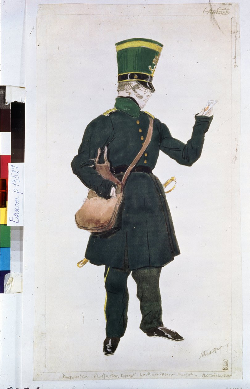 a postás jelmez a "La fee des poupees" című baletthez, Bayer Joseph (1852-1913) rendezésében alkotó: Leon Bakst