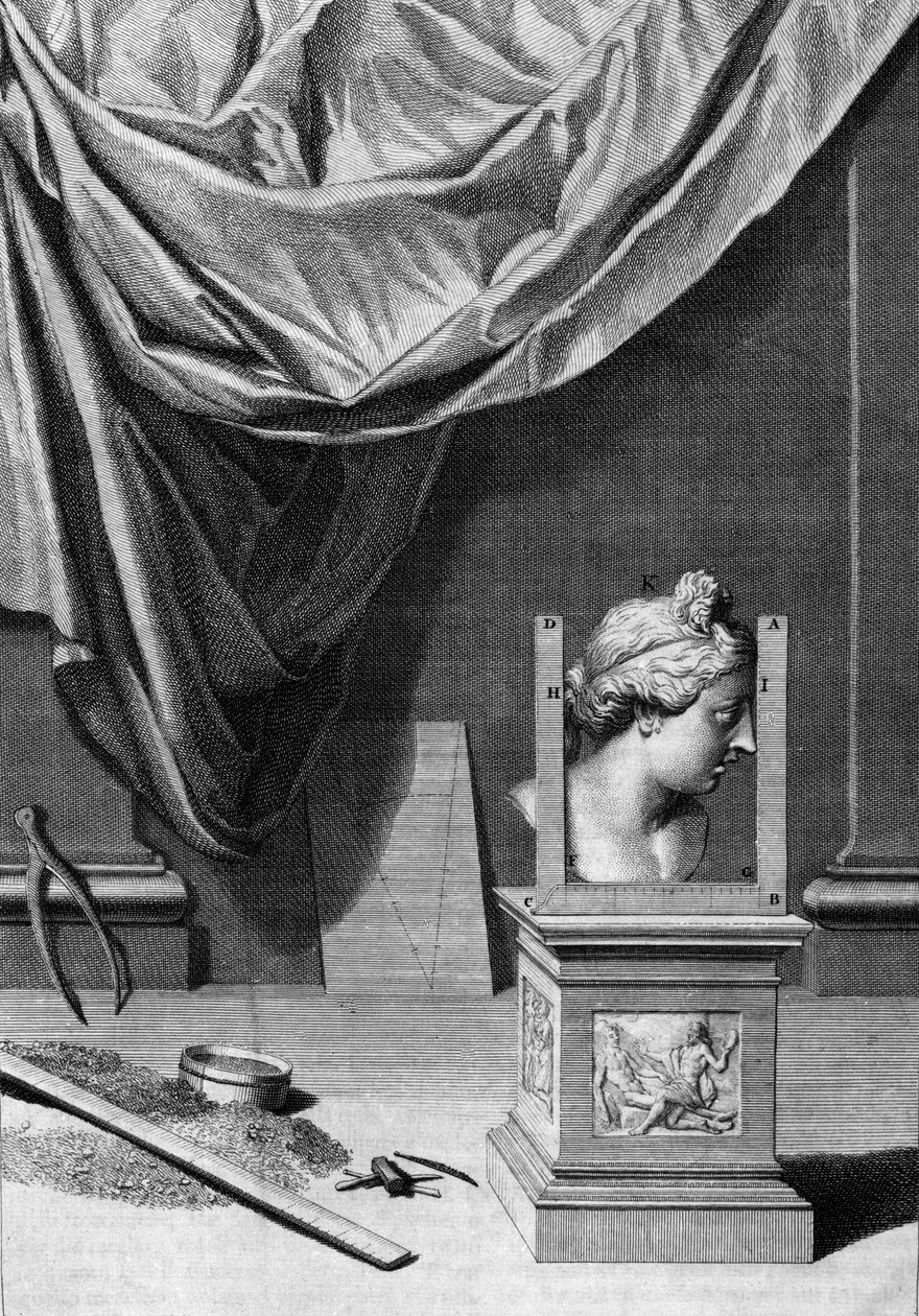 Az építészetről szóló csemegék, egy klasszikus szobor mellszobra és építészeti eszközök: Leon Battista Alberti (1404-1472), építész, matematikus, a reneszánsz olasz költője, „De Architectura Libri decem” című táblája alkotó: Leon Battista Alberti