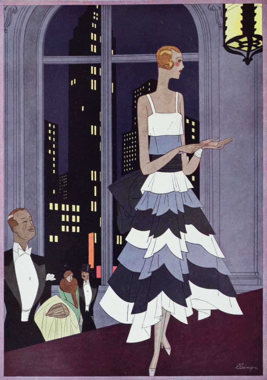 A New York-i felhőkarcolók szeme alatt a „Femina” magazin divatlapja, 1928. december (színes litó) alkotó: Leon Benigni