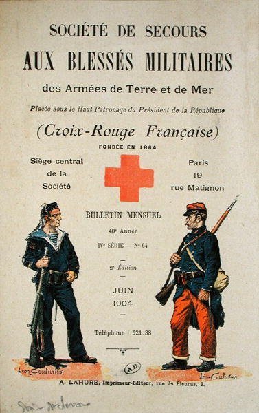 A „Societe de Secours aux Blesses Militaires des Armees de Terre et de Mer” havi értesítőjének borítója, 1904. június (színes litho) alkotó: Leon Couturier