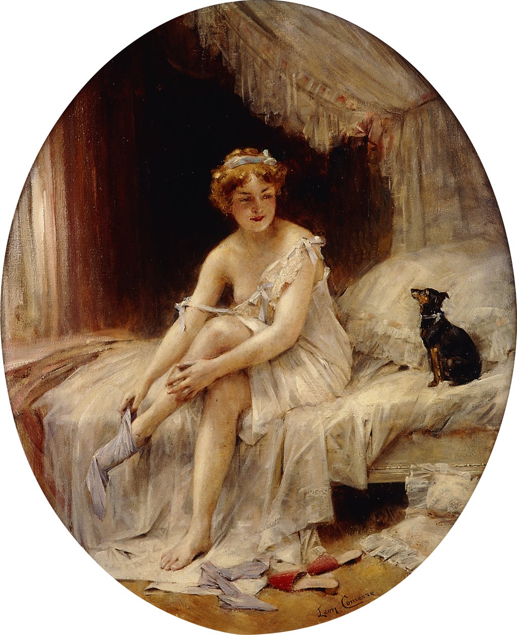Harisnyát felhúzó kisasszony; Petite Femme mettant sa bas, alkotó: Leon Francois Comerre