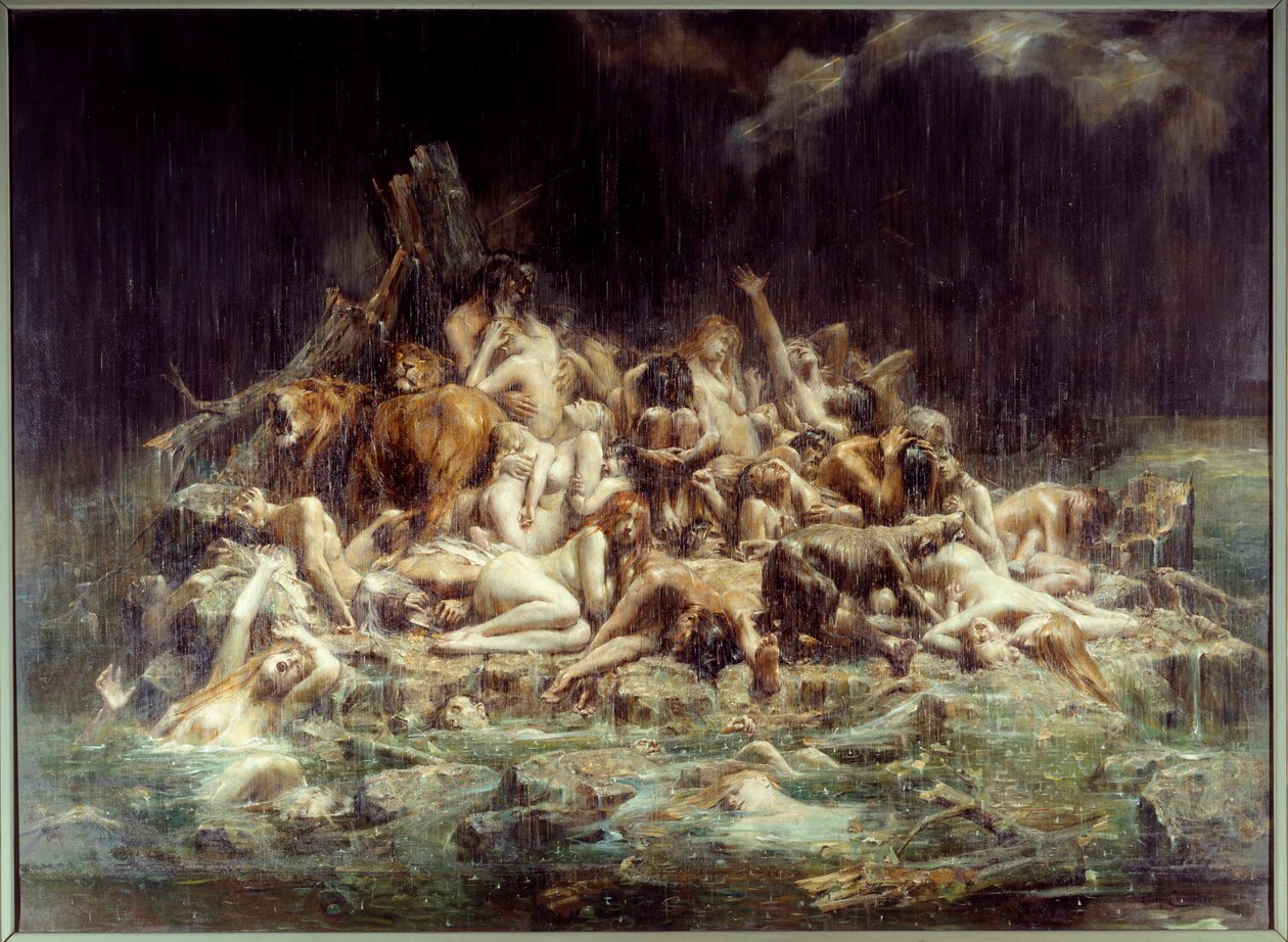 Az özönvíz Emberek és állatok testeinek halmaza az ég haragjának esőpatakai alatt, egyesek már megfulladtak, mások szorongattatásukat sikoltozzák. Leon Comerre (1850-1916) festménye 1911 V. 3,45x4,48 m Nantes, Musee des Beaux Arts alkotó: Leon Francois Comerre