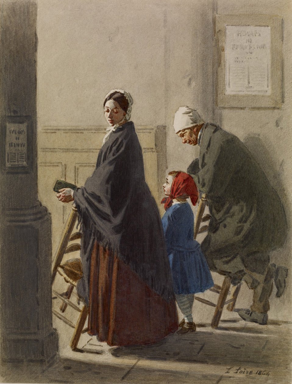 Férfi, nő és lány imában a templomban, 1864 (wc és grafit papíron) alkotó: Leon Henri Antoine Loire